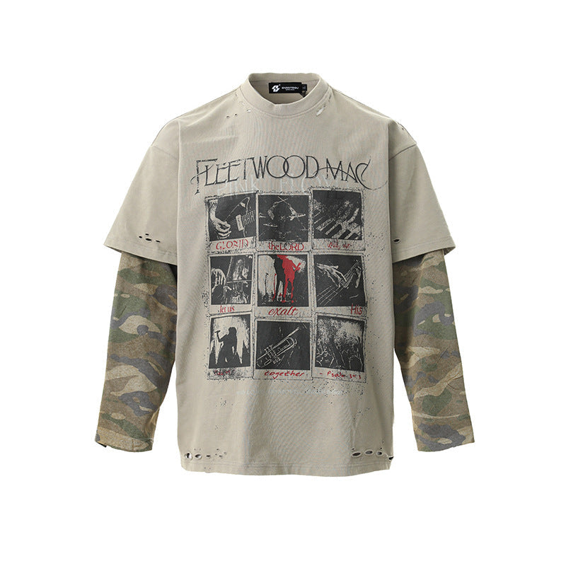 Retro Camouflage Faux Two-piece Long Sleeve T-shirt Top