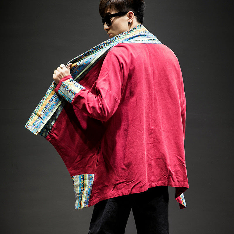 Kimono Cardigan Cotton Linen Trench Coat Color Matching Costume Top Men's Clothing