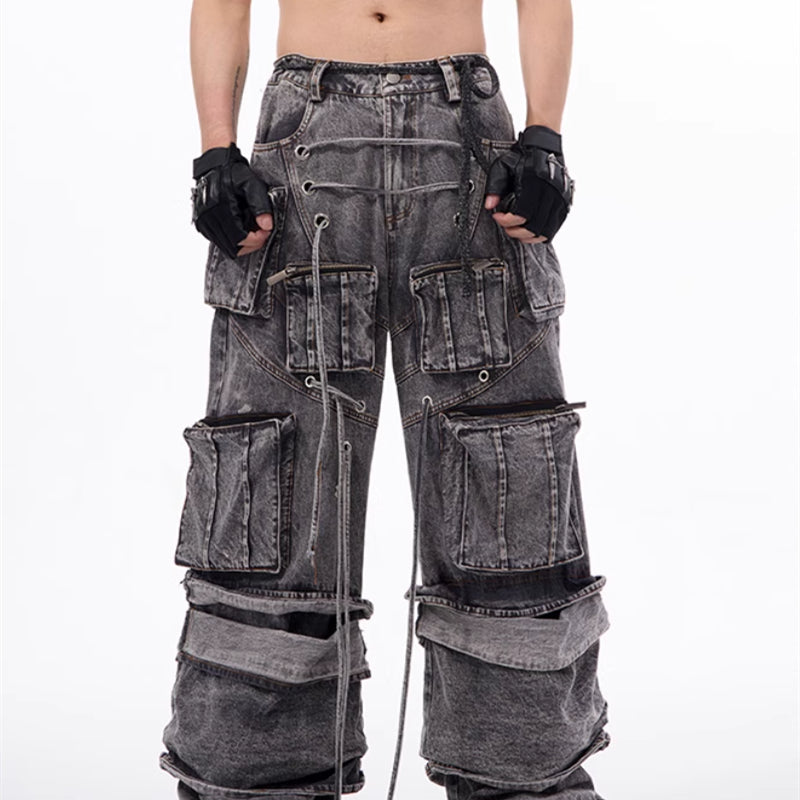 American-style Distressed Overalls Rope Stitching Mop Pants
