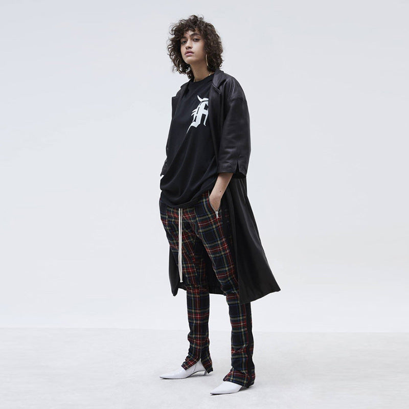 Men's and women's autumn and winter new plaid bar stitching zipper pants Biebi same paragraph casual pants