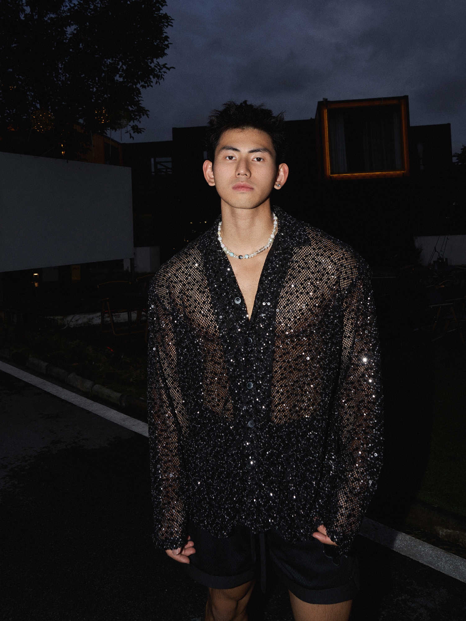 Silver Paillette Hollow-out Long-sleeved Shirt For Men