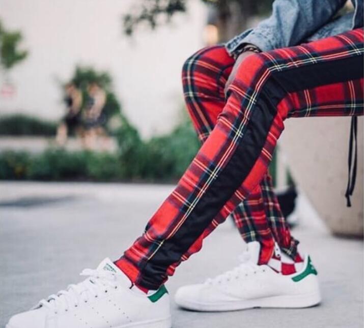 Men's and women's autumn and winter new plaid bar stitching zipper pants Biebi same paragraph casual pants
