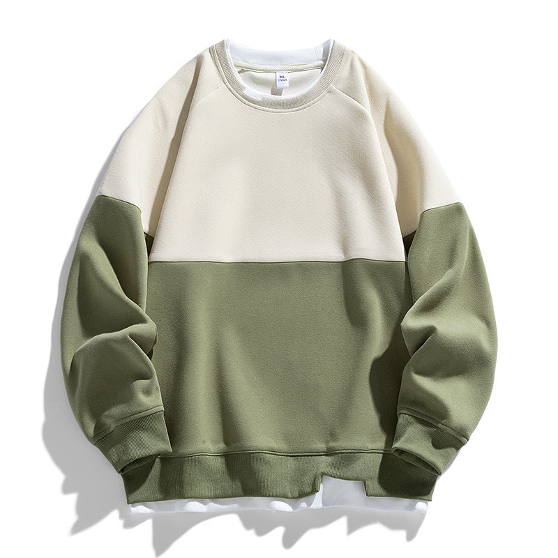 Trendy Contrast Color Matching Fake Two-piece Round Neck Sweater