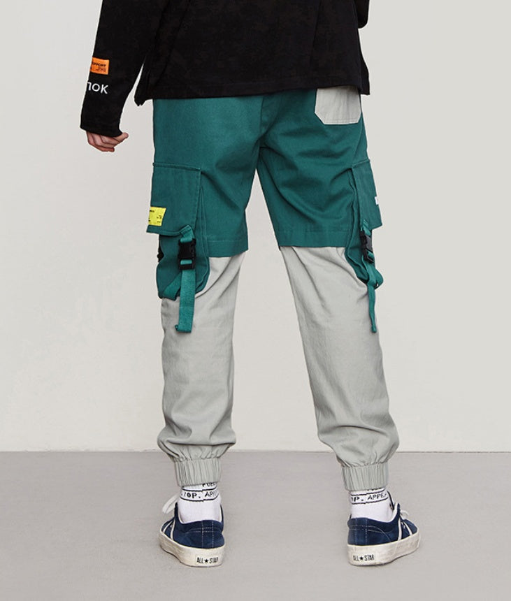 New Style Brand Function Buckle Pocket Contrast Color Stitching Men's Beamed Overalls
