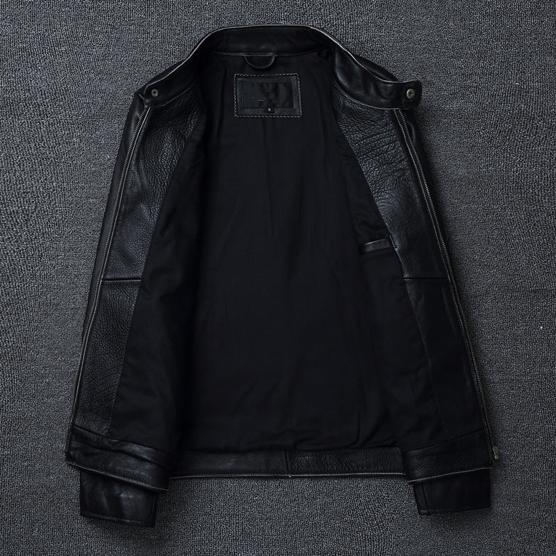 Men's Stand Collar Retro First Layer Cowhide Coat Jacket