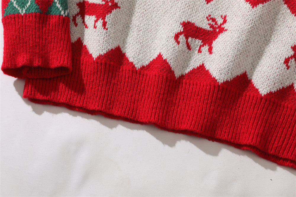 Long Sleeve Rhombus Plaid Deer Knitted Sweater