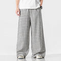 Summer Plus Size Chinese Style Cotton And Linen Plaid Baggy Pants