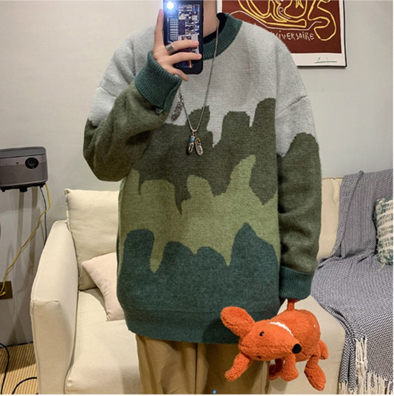 Harajuku-style Color Block Crew Neck Sweater Pullover Sweater