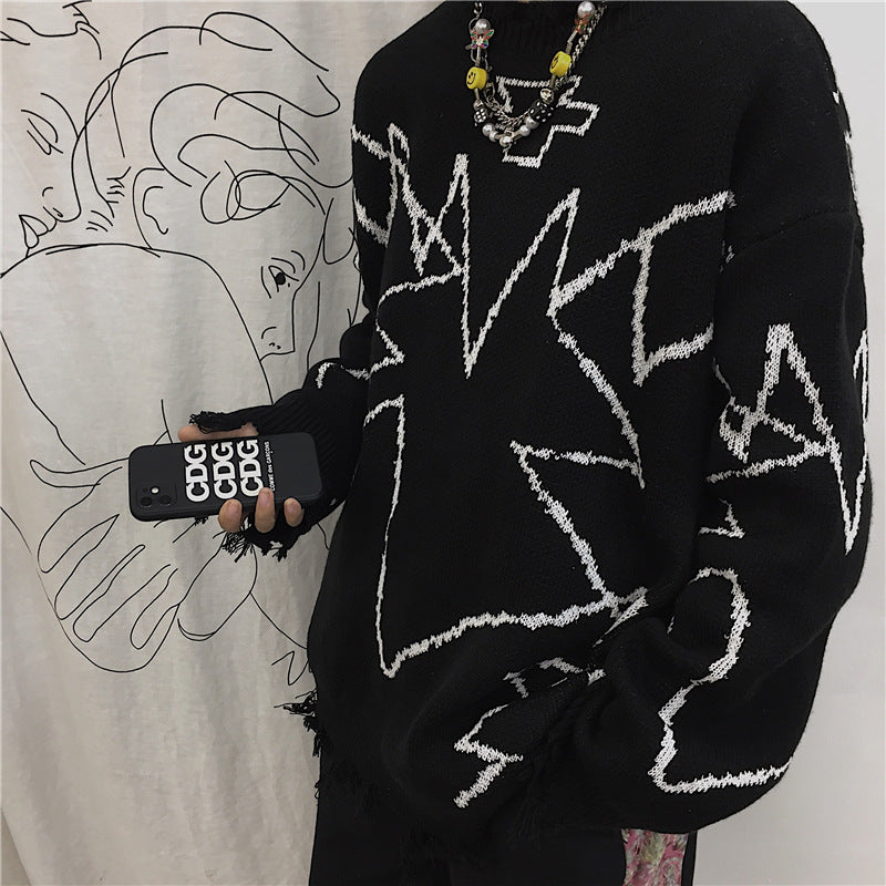 Loose Retro Contrast Color Hand-Painted Personality Tattered Edge Slimming Sweater