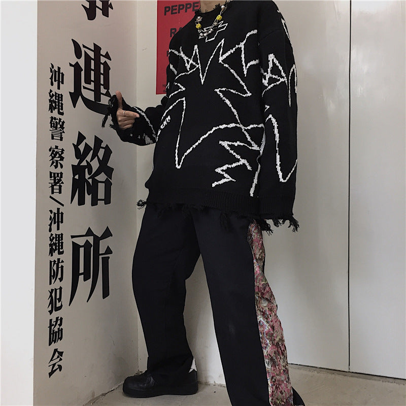 Loose Retro Contrast Color Hand-Painted Personality Tattered Edge Slimming Sweater