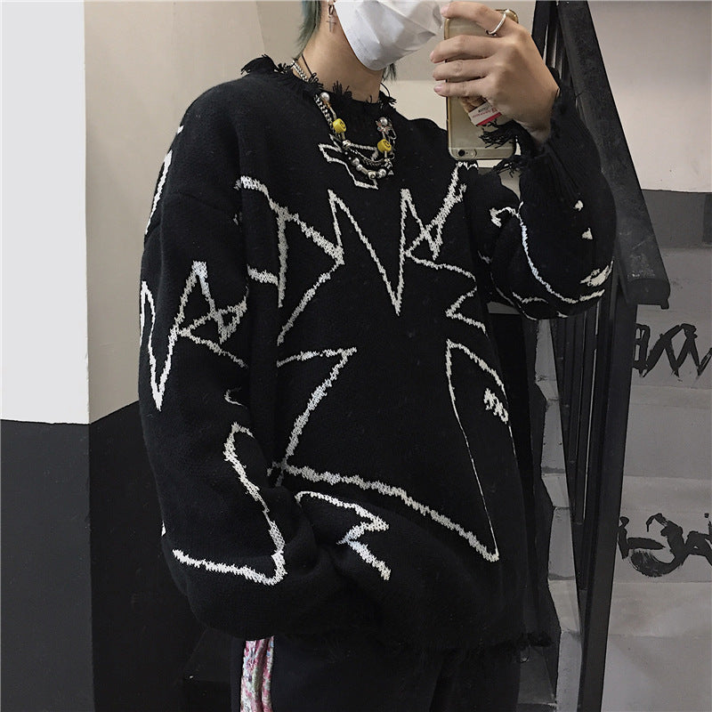 Loose Retro Contrast Color Hand-Painted Personality Tattered Edge Slimming Sweater