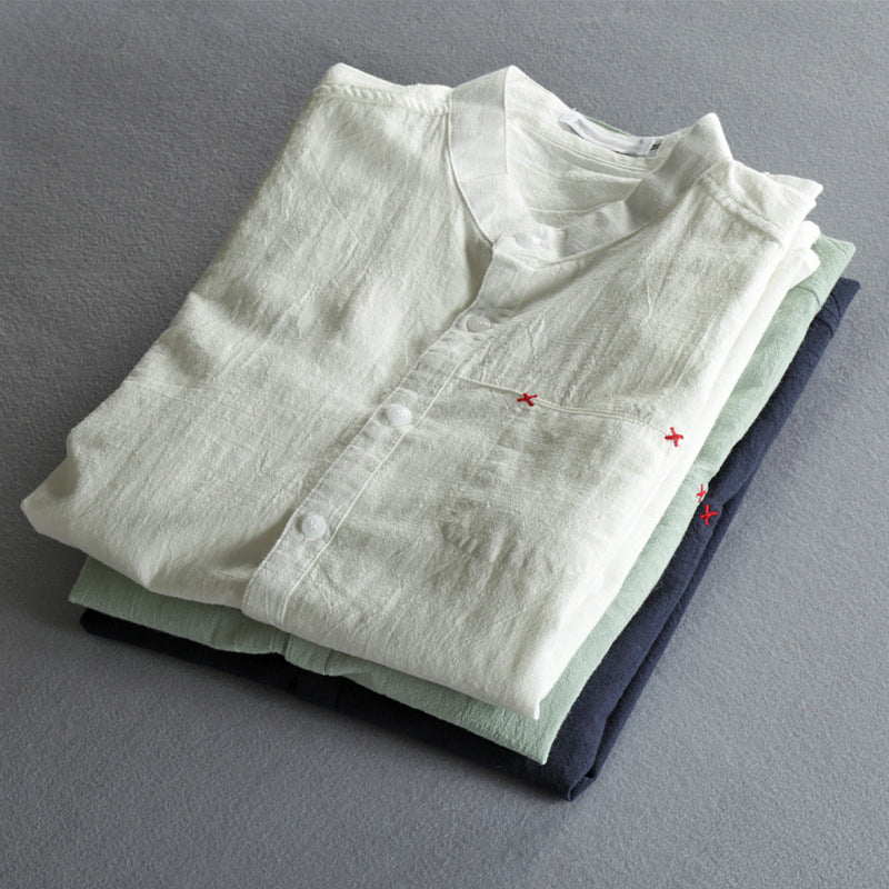 Casual Linen Shirt Men's Long Sleeved Solid Color Retro Stand Collar
