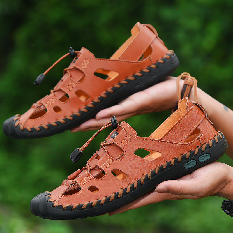 Men's Baotou Sandals New Breathable Leather Sandals Summer Fashion Outer Wear Set Feet All-Match Beach Shoes