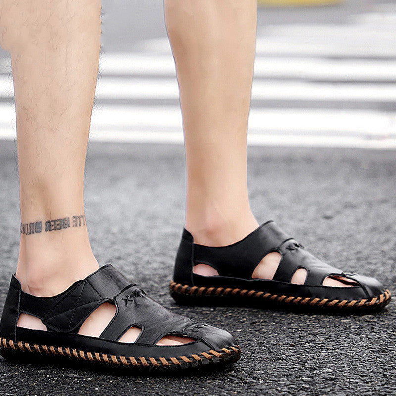 New Style Men's Shoes Summer Sandals Baotou Driving Leather Shoes Men's Slippers Casual Hollowed Out Tendon Bottom Dual-Use
