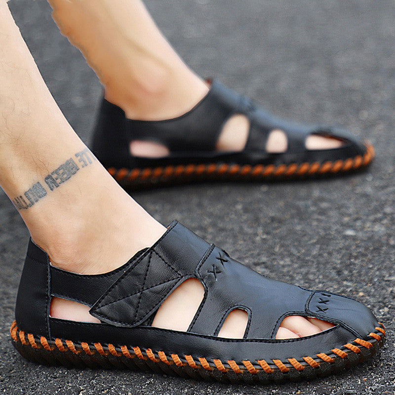 New Style Men's Shoes Summer Sandals Baotou Driving Leather Shoes Men's Slippers Casual Hollowed Out Tendon Bottom Dual-Use