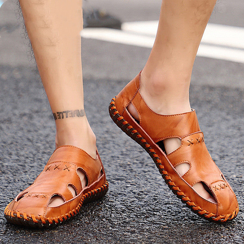 New Style Men's Shoes Summer Sandals Baotou Driving Leather Shoes Men's Slippers Casual Hollowed Out Tendon Bottom Dual-Use