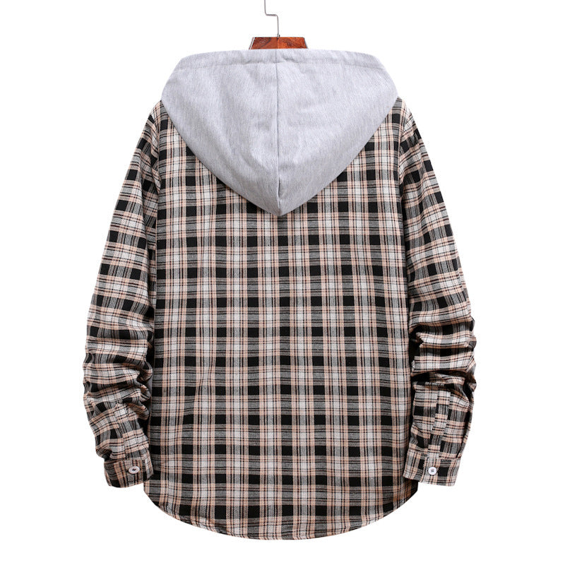 Hooded Plaid Long-Sleeved Shirt Men