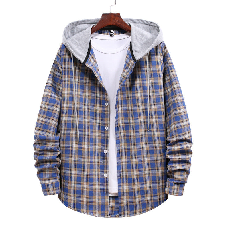 Hooded Plaid Long-Sleeved Shirt Men
