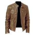 Men's Zip-up Cardigan PU Leather Jacket Fashion Pockets Stand Collar Short Tops Clothing