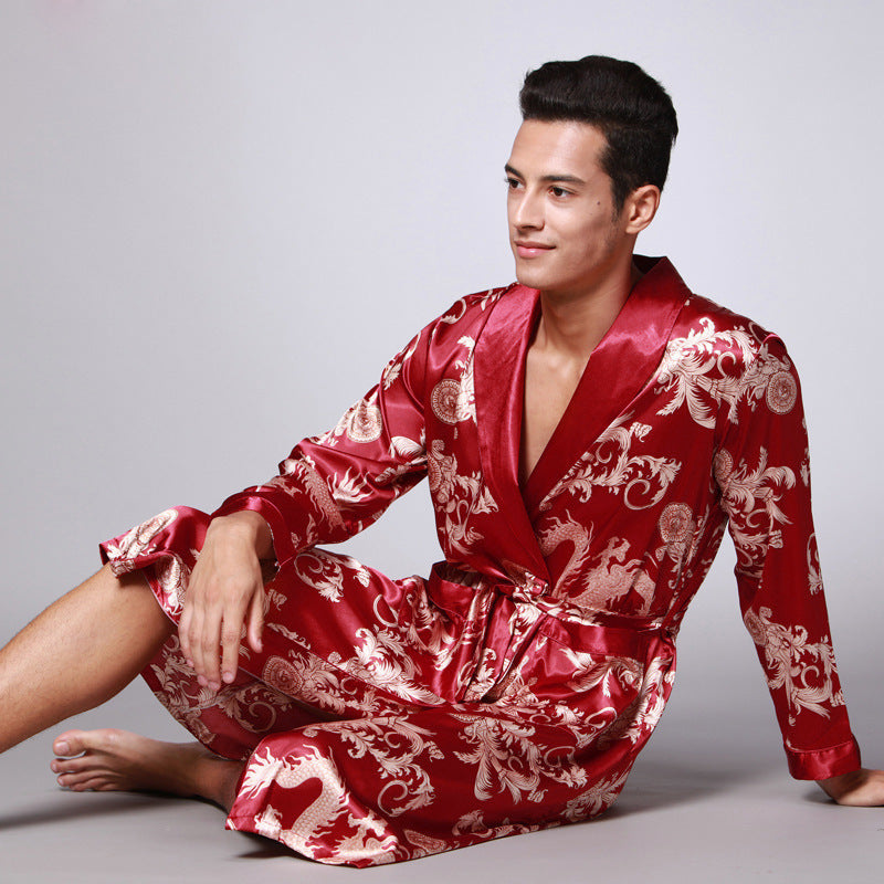 Long-Sleeved Nightgown, Printed Dragon Pattern, Long Bathrobe