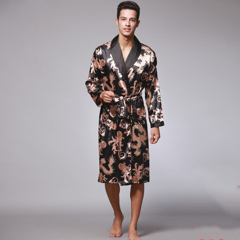 Long-Sleeved Nightgown, Printed Dragon Pattern, Long Bathrobe