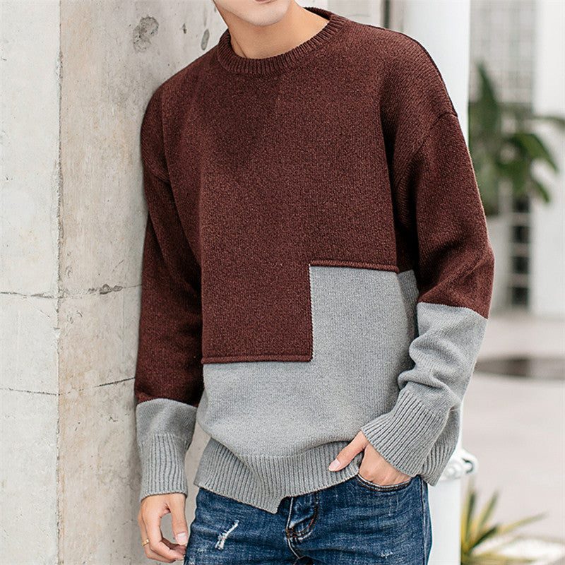 Personality Stitching Sweater Men's Round Neck Warm Knit Sweater