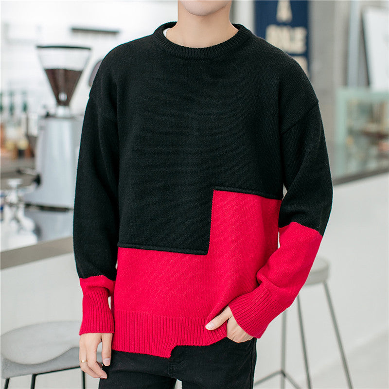 Personality Stitching Sweater Men's Round Neck Warm Knit Sweater