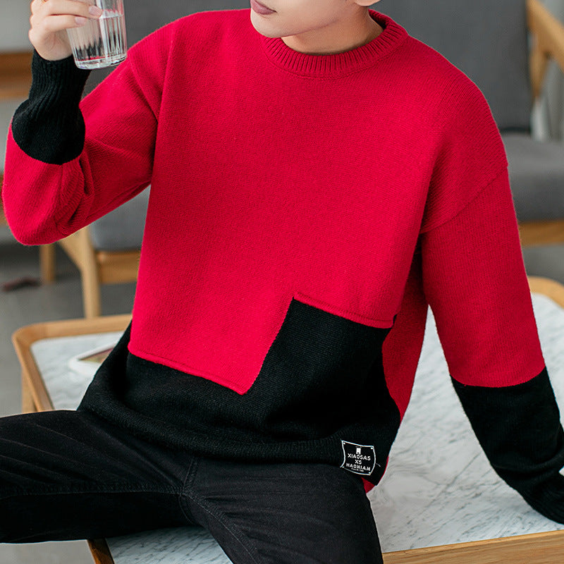 Personality Stitching Sweater Men's Round Neck Warm Knit Sweater