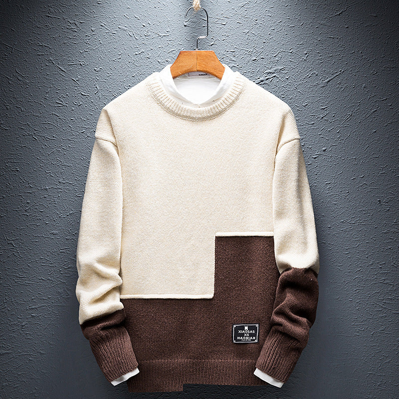 Personality Stitching Sweater Men's Round Neck Warm Knit Sweater
