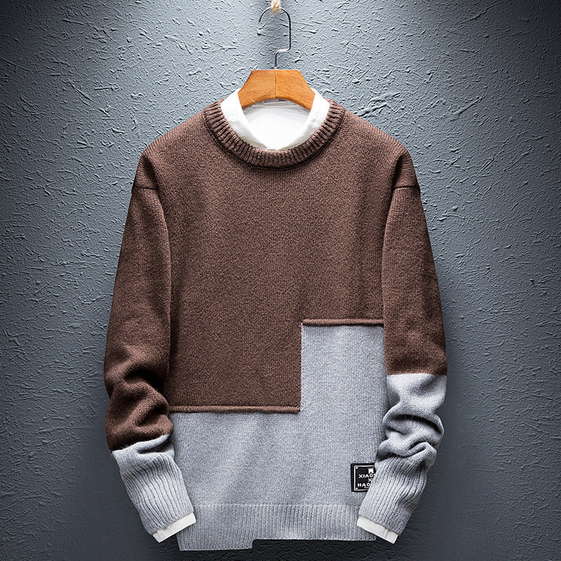 Personality Stitching Sweater Men's Round Neck Warm Knit Sweater