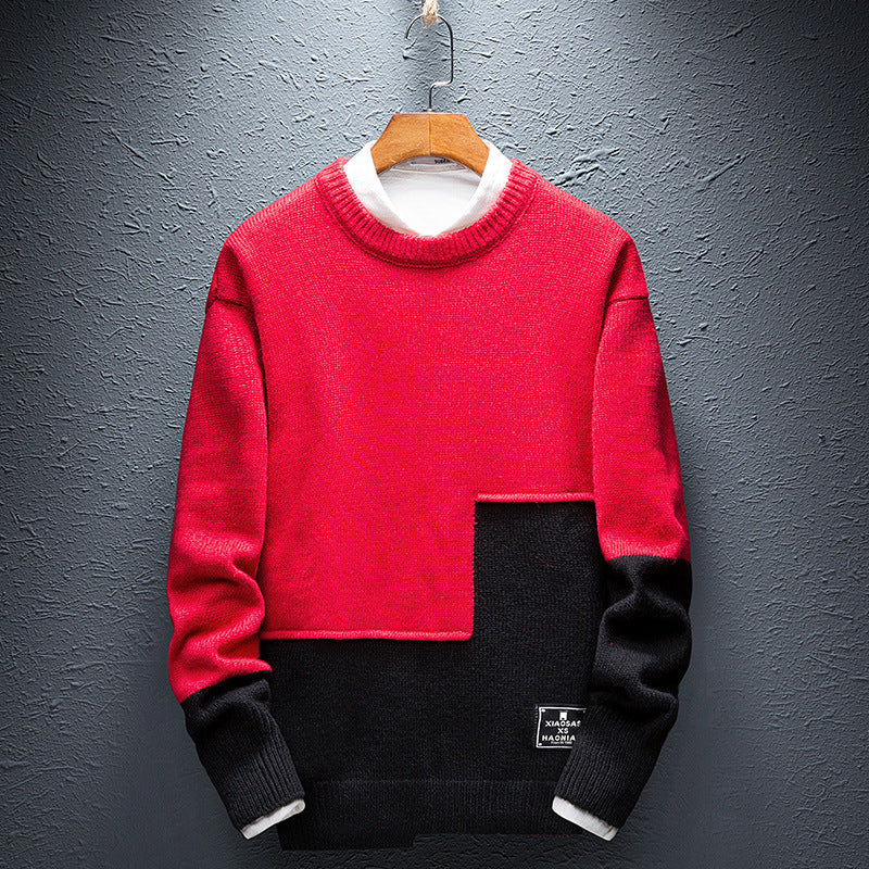 Personality Stitching Sweater Men's Round Neck Warm Knit Sweater