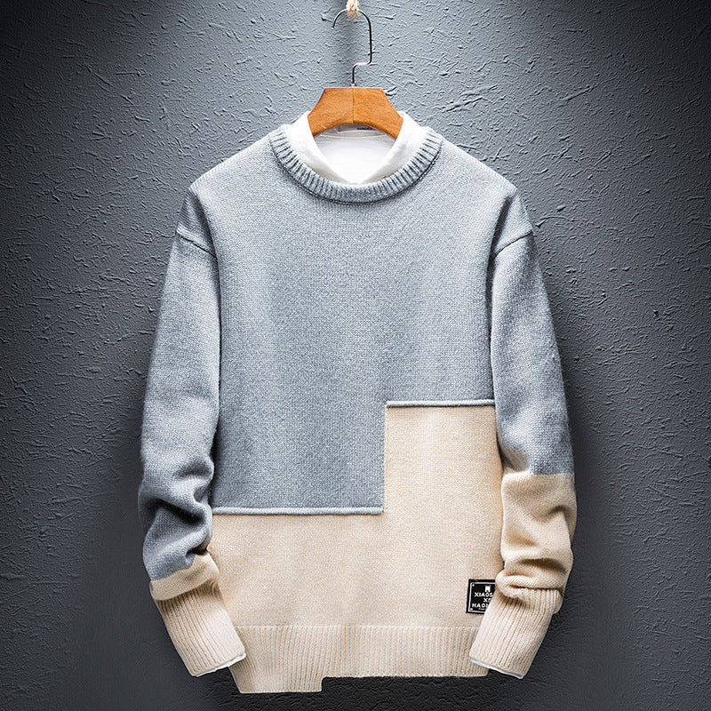 Personality Stitching Sweater Men's Round Neck Warm Knit Sweater