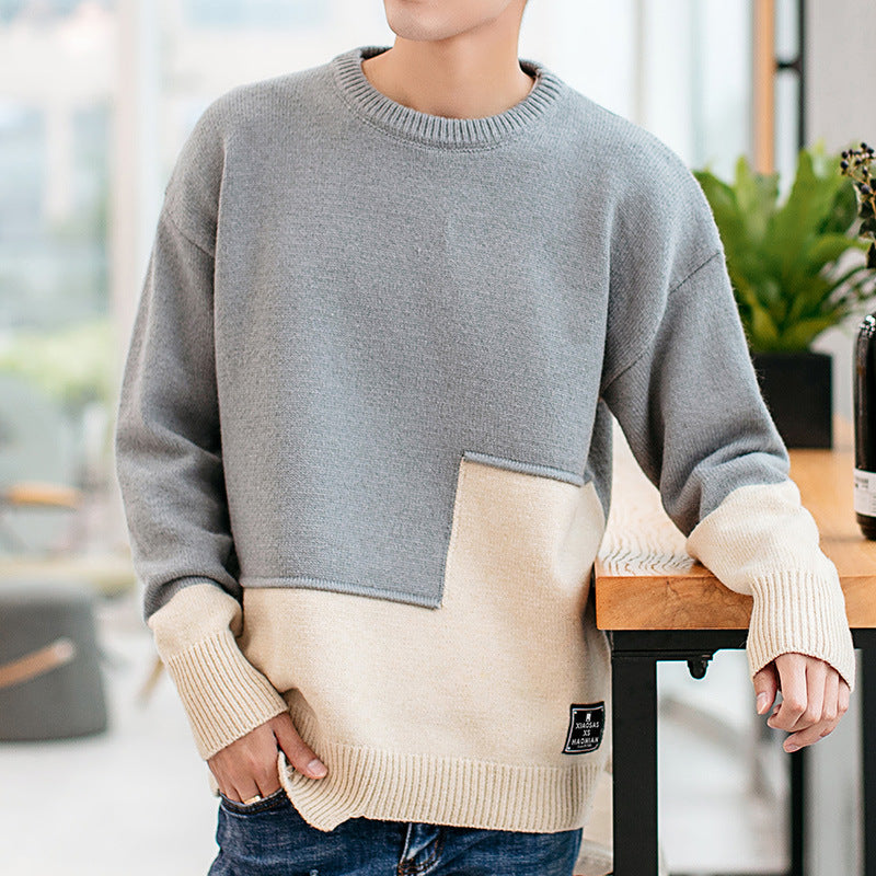 Personality Stitching Sweater Men's Round Neck Warm Knit Sweater
