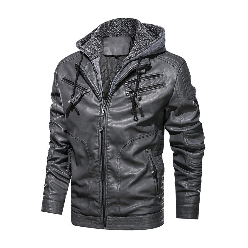 Men's PU Hooded Cotton Addition Leather Jacket Coat