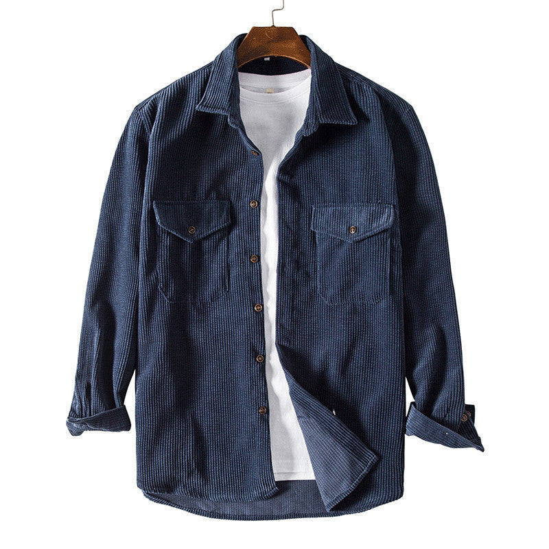 Corduroy Men's Long Sleeved Padded Retro Solid Color Two Pocket Shirt