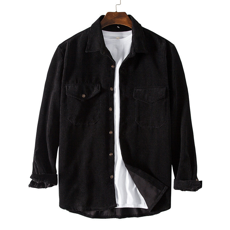 Corduroy Men's Long Sleeved Padded Retro Solid Color Two Pocket Shirt