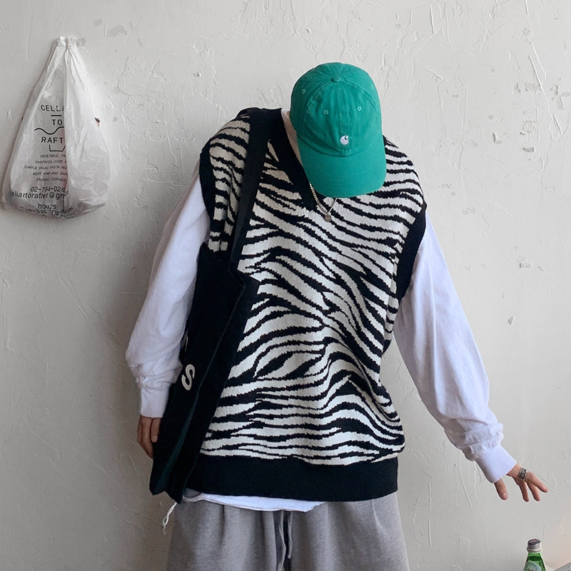 Zebra Pattern Sweater Vest Men's Loose Tide Brand Knitted Vest Trendy Personality V-neck Sleeveless Jacket