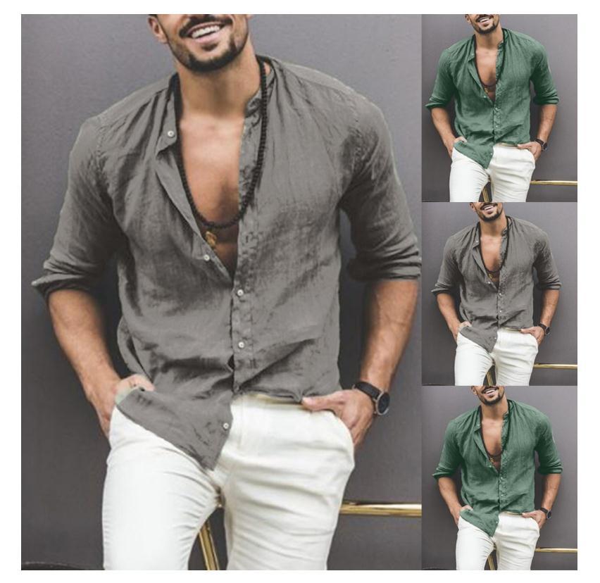 Solid Color Long Sleeve Button Stand Collar Men's Shirt