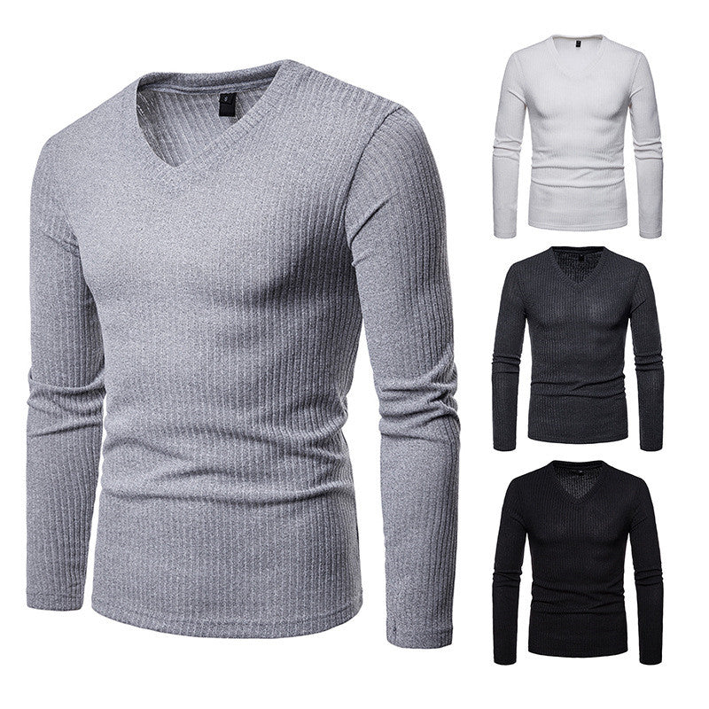 New Men's Slim Plus Size V Neck Solid Color Base Shirt