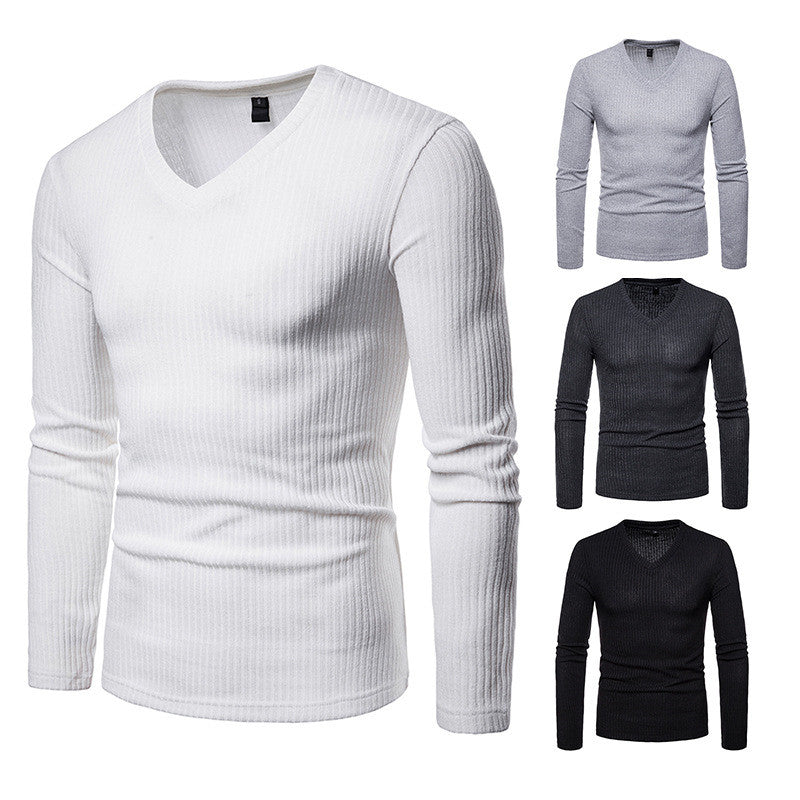 New Men's Slim Plus Size V Neck Solid Color Base Shirt