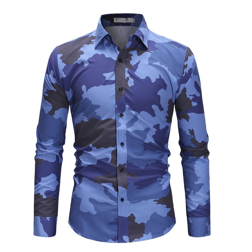 Men's Camouflage Army Fan Slim Long Sleeve Casual Shirt
