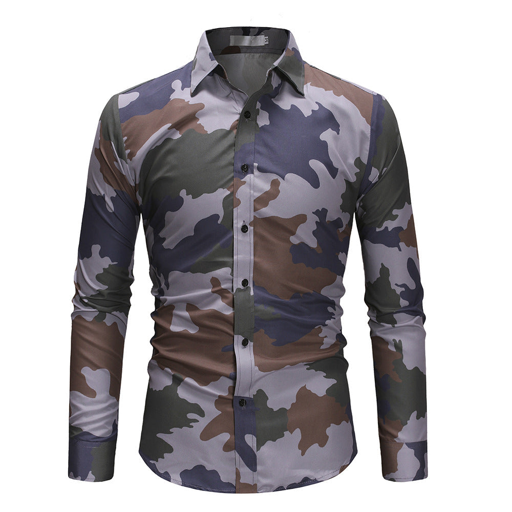 Men's Camouflage Army Fan Slim Long Sleeve Casual Shirt
