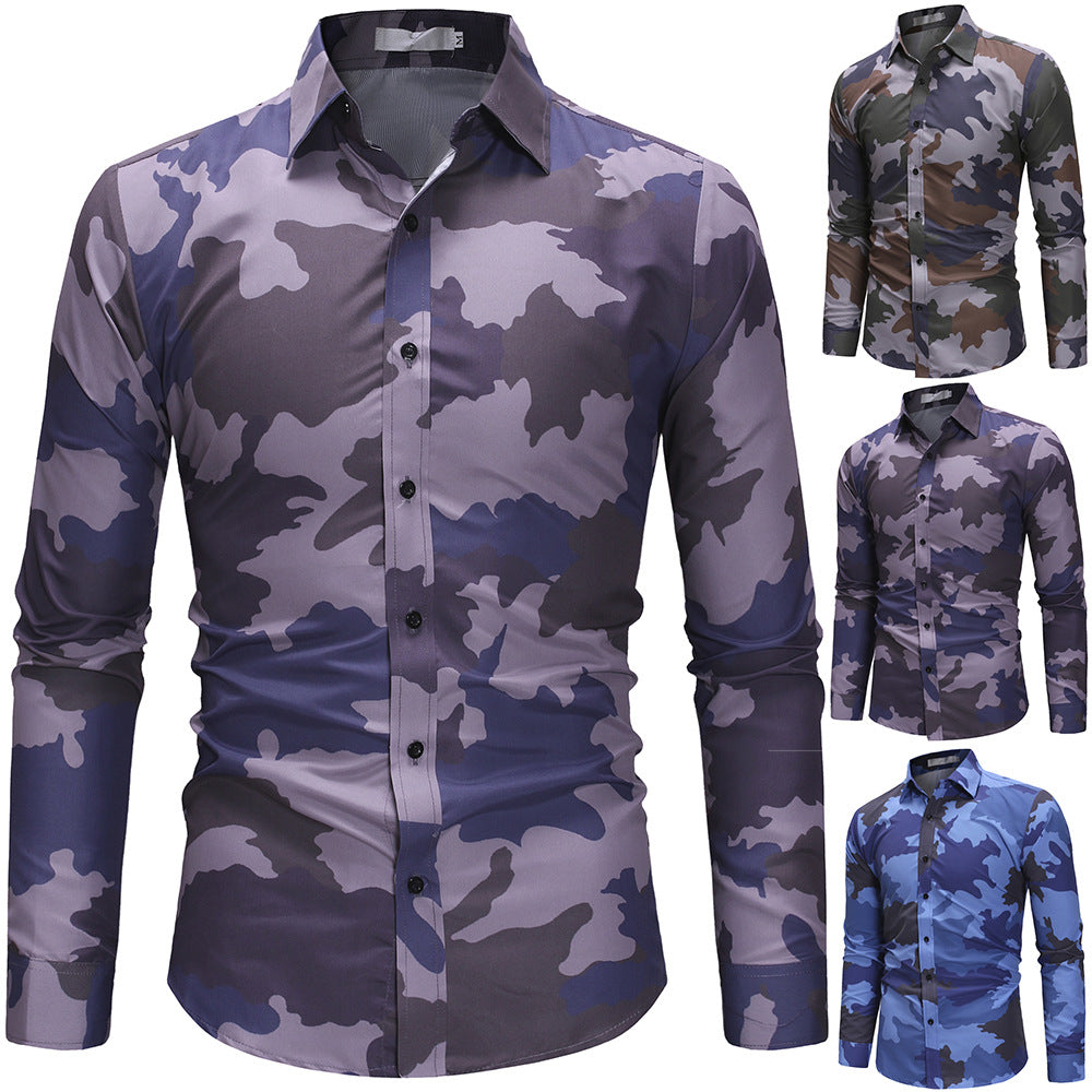 Men's Camouflage Army Fan Slim Long Sleeve Casual Shirt