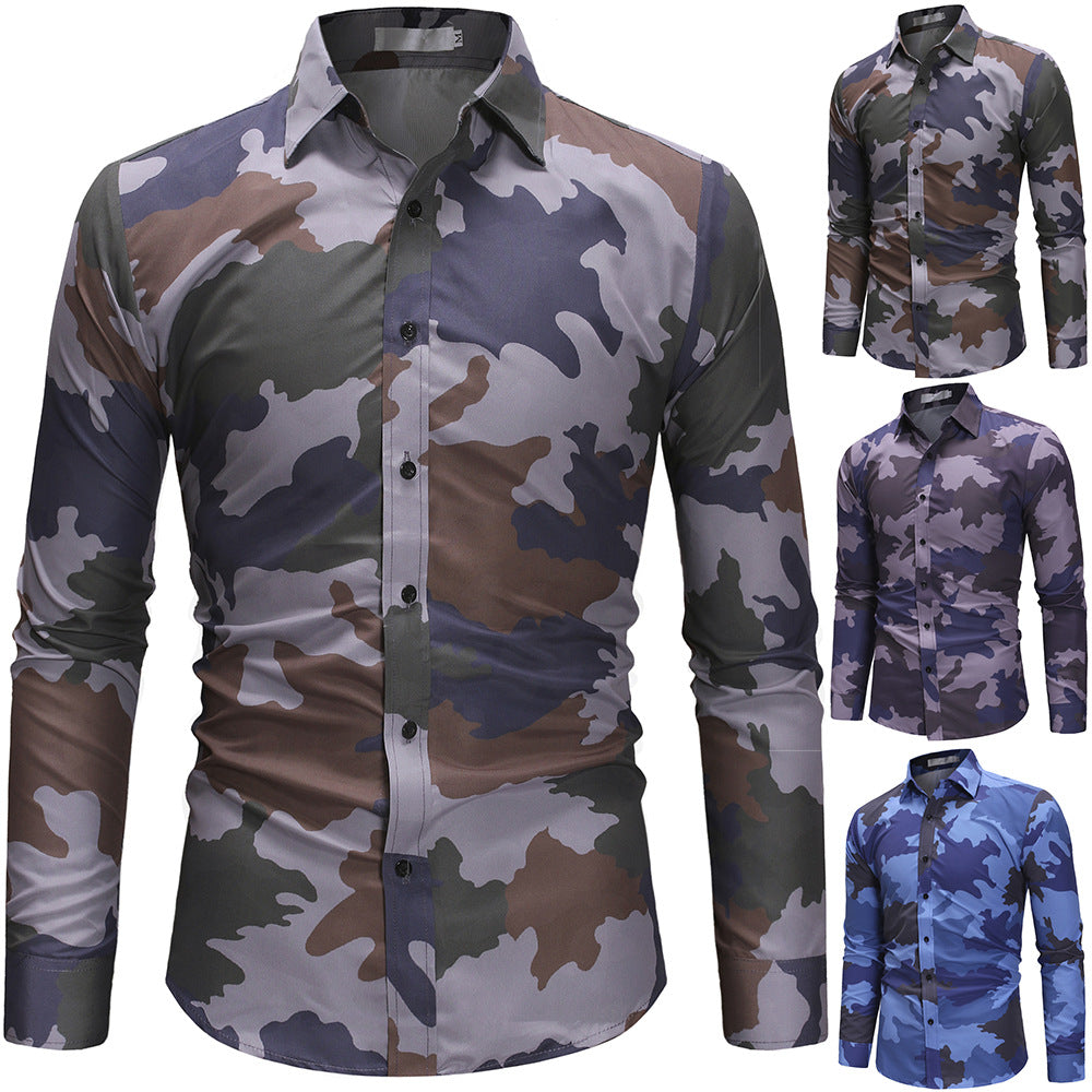Men's Camouflage Army Fan Slim Long Sleeve Casual Shirt