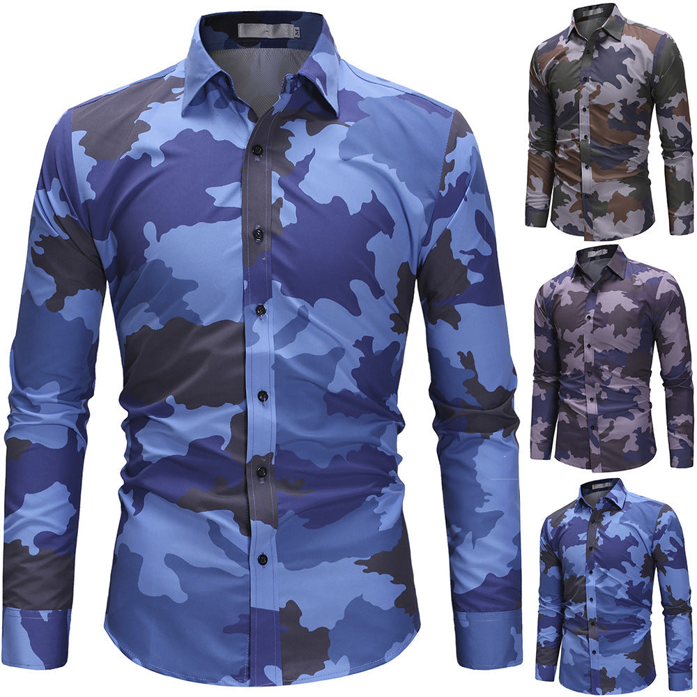 Men's Camouflage Army Fan Slim Long Sleeve Casual Shirt