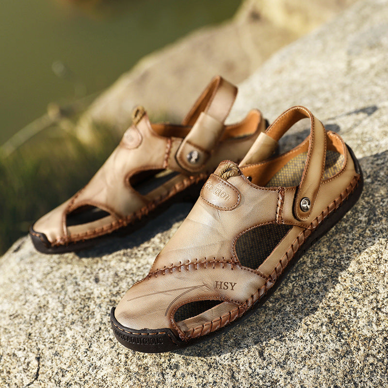 Men's Shoes Casual Hole Leather Shoes Toe Sandals