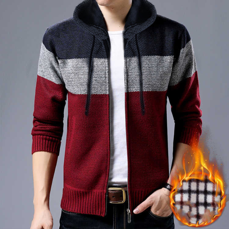 Hooded Sweater Cardigan Men's Loose Color Matching Sweater Coat