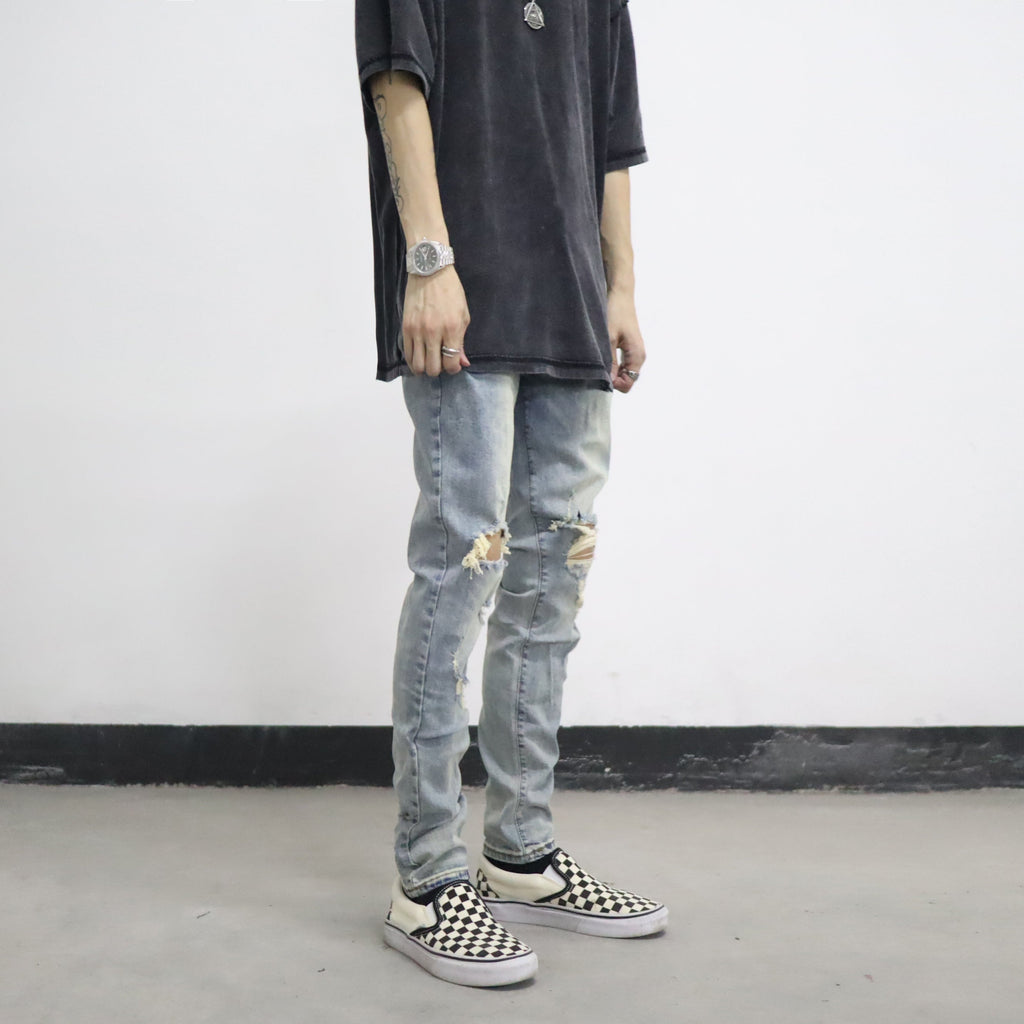 European And American High Street FOG Knee Holes Washed And Worn Light Blue Casual Street Skateboarding Slim Jeans Trendy Men