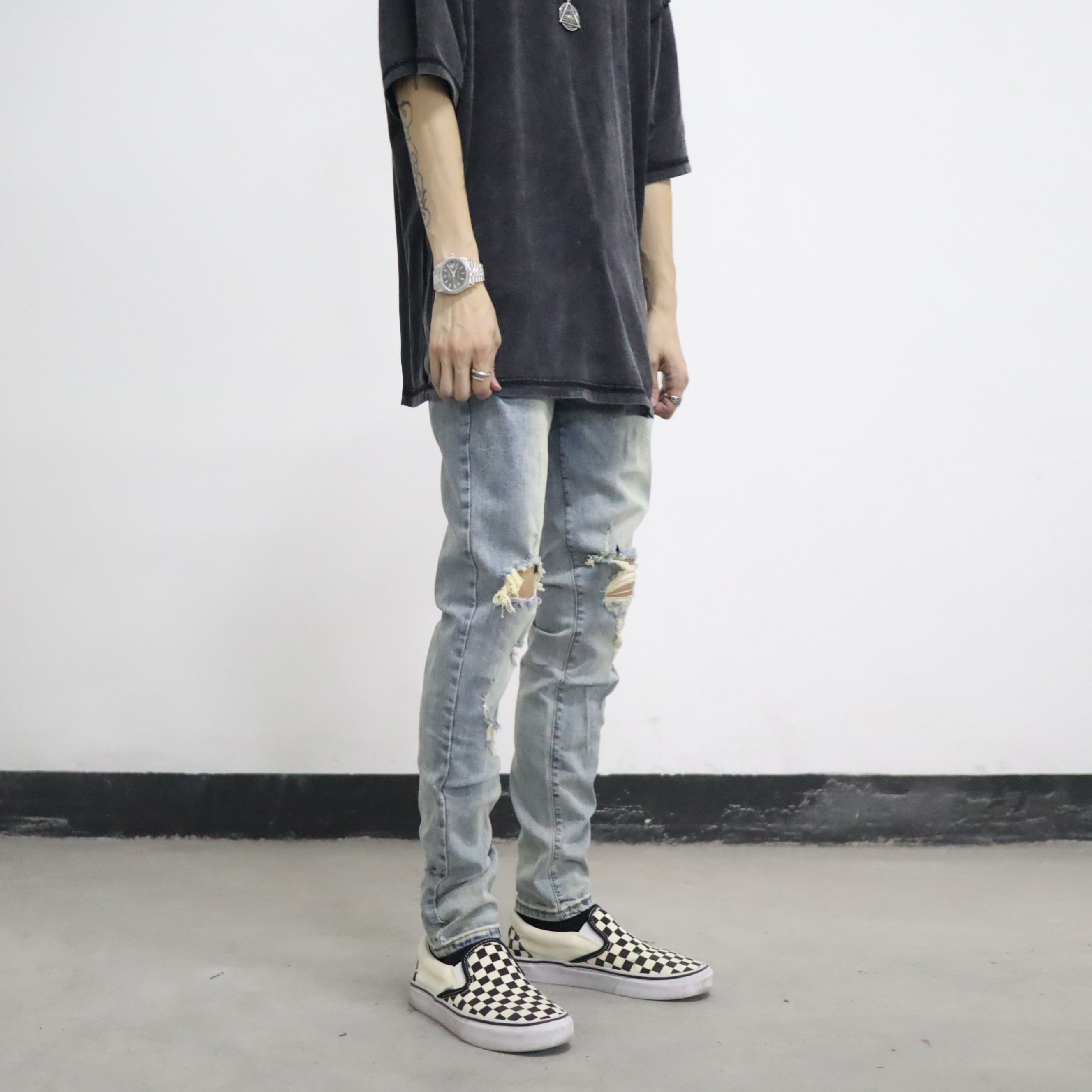 European And American High Street FOG Knee Holes Washed And Worn Light Blue Casual Street Skateboarding Slim Jeans Trendy Men