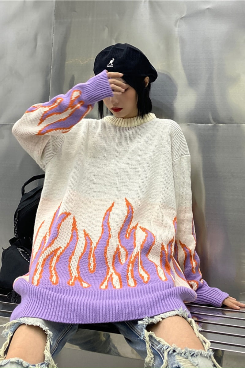 High Street Flame Jacquard Loose Pullover Lazy Couple Knit Sweater Sweater